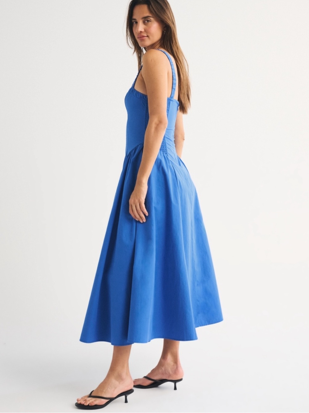 Abercrombie Blue Ruched Neckline Dipped Waist Midi Dress 100% Cotton Small P - Picture 2 of 9